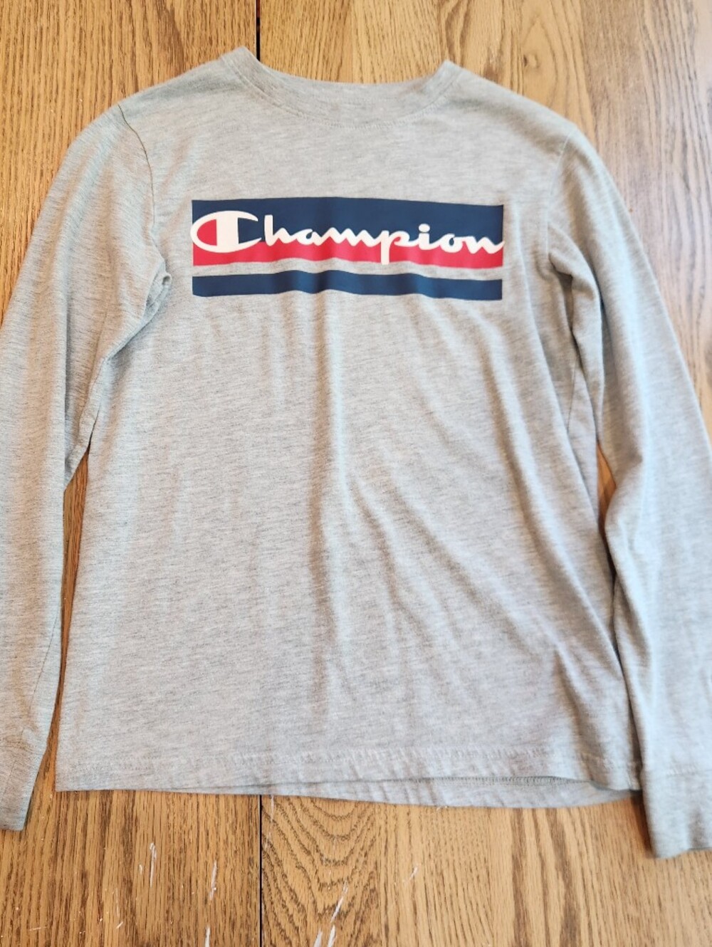 Champion Heather Gray Long Sleeve Tee with Navy & Red Logo Stripe